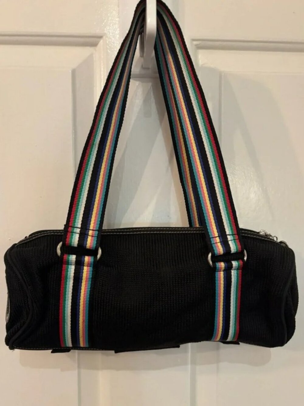 Sak Tenth Year Anniversary Edition Black Crochet Barrel Bag with rainbow stripes